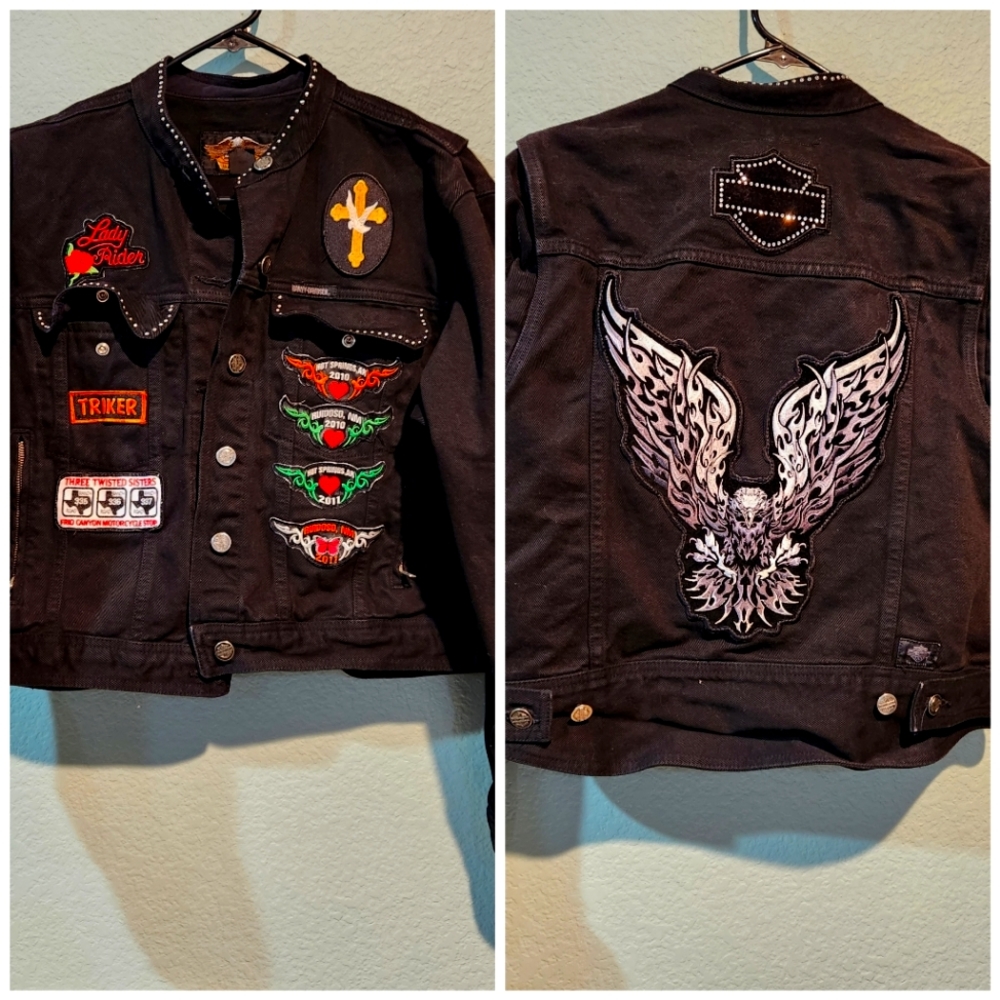 Harley Davidson Womens Black Denim Motorcycle Jacket Studded Logo Patches Medium